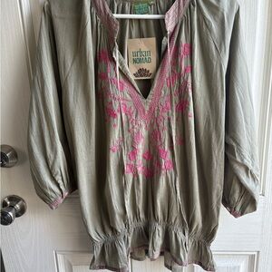 Urban Nomad Olive Top with Pink Embroidery